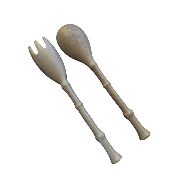 Metal Salad Serving Set Fork and Spoon Bamboo Design Handle 12" - Picture 2 of 5